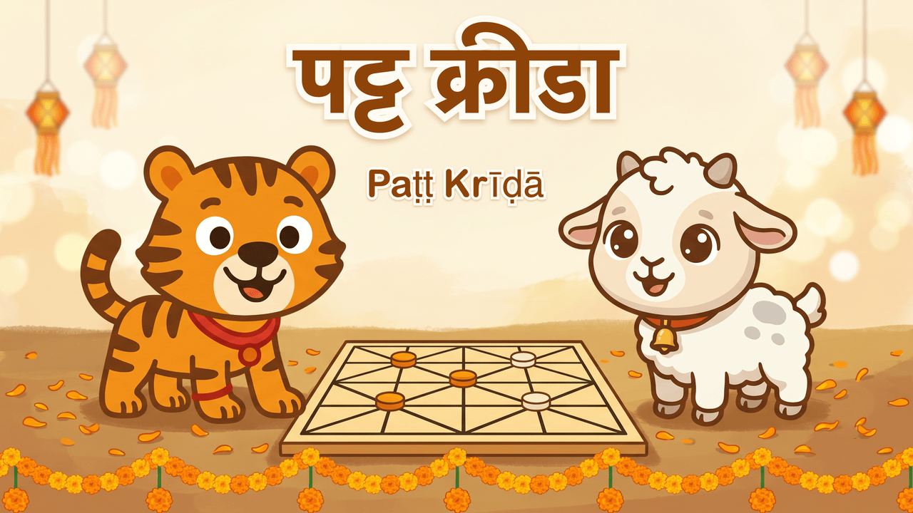 पट्ट क्रीडा — Chota the tiger cub and Bakri the goat face off over a traditional board, amid marigolds and diyas